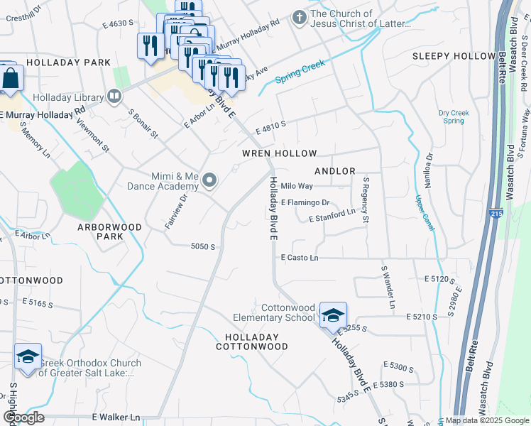 map of restaurants, bars, coffee shops, grocery stores, and more near Holladay Pines Court in Holladay