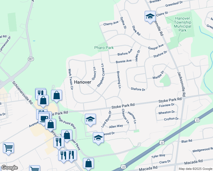 map of restaurants, bars, coffee shops, grocery stores, and more near 3535 Chesterfield Lane in Bethlehem
