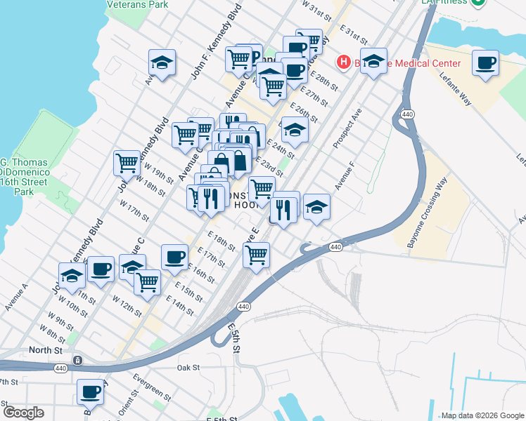 map of restaurants, bars, coffee shops, grocery stores, and more near 34 East 22nd Street in Bayonne