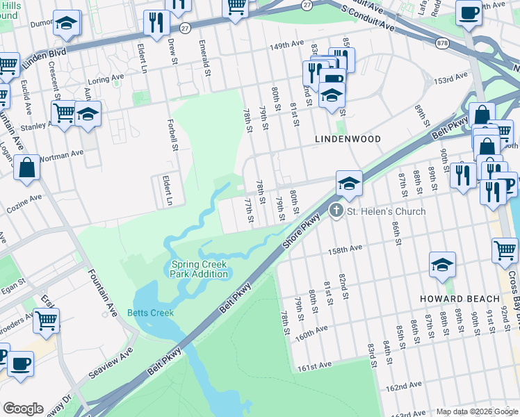map of restaurants, bars, coffee shops, grocery stores, and more near 156-24 78th Street in Queens