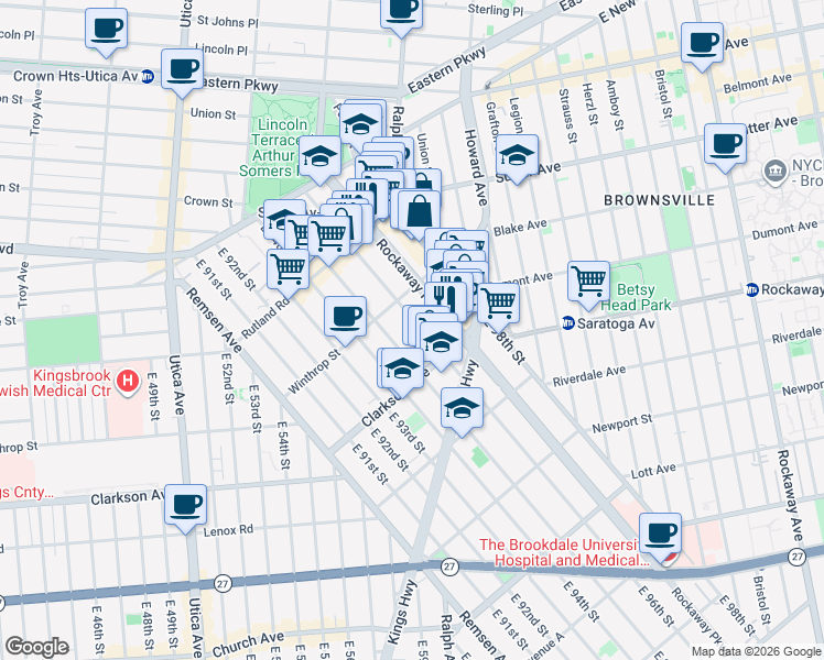 map of restaurants, bars, coffee shops, grocery stores, and more near 208 East 96th Street in Brooklyn