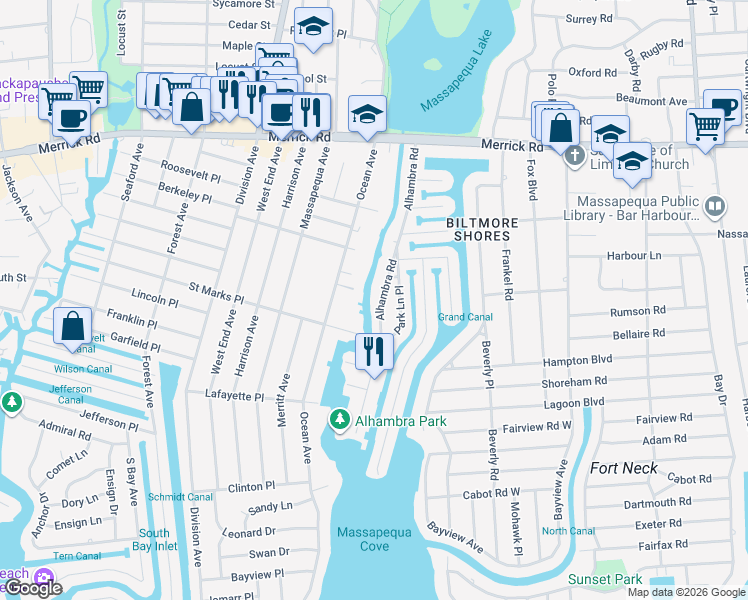 map of restaurants, bars, coffee shops, grocery stores, and more near 131A Ocean Avenue in Massapequa