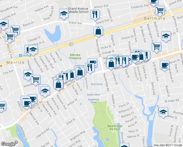 map of restaurants, bars, coffee shops, grocery stores, and more near 720 Farmers Avenue in Bellmore