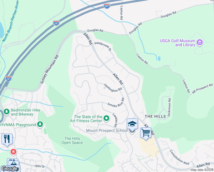 map of restaurants, bars, coffee shops, grocery stores, and more near 95 Huntington Rd in Basking Ridge