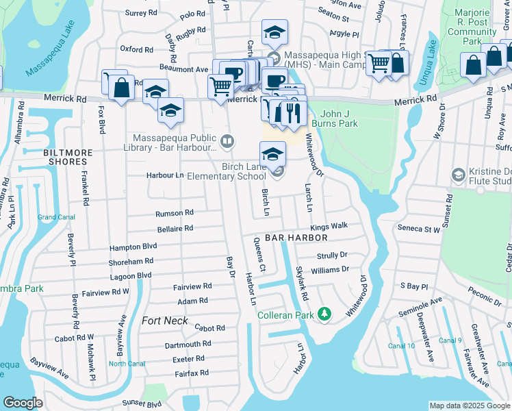 map of restaurants, bars, coffee shops, grocery stores, and more near 70 Laurel Drive in Massapequa Park