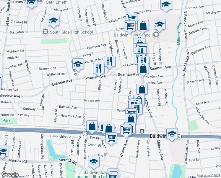 map of restaurants, bars, coffee shops, grocery stores, and more near 631 Portland Avenue in Baldwin