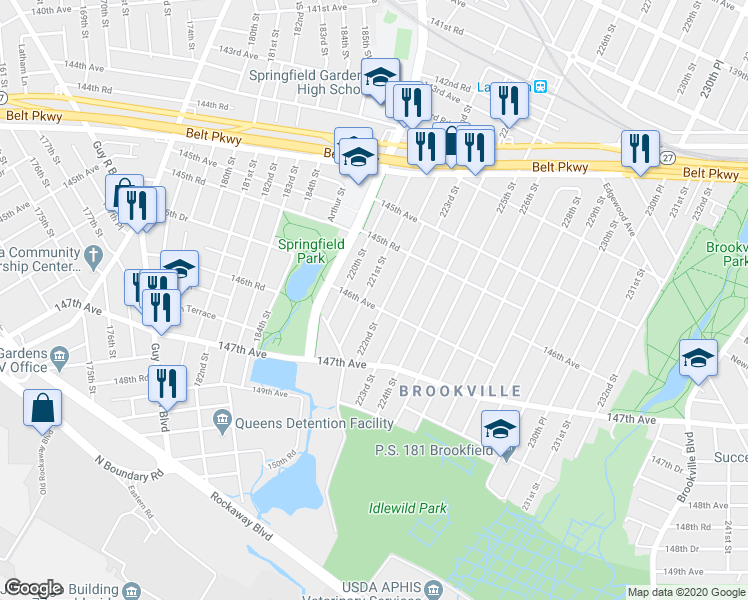 map of restaurants, bars, coffee shops, grocery stores, and more near 145-74 222nd Street in Queens