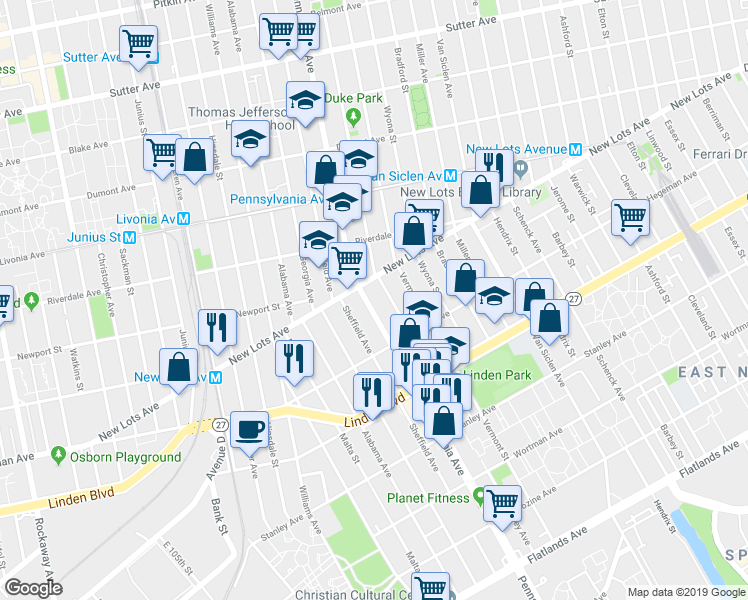 map of restaurants, bars, coffee shops, grocery stores, and more near 387 New Lots Avenue in Brooklyn
