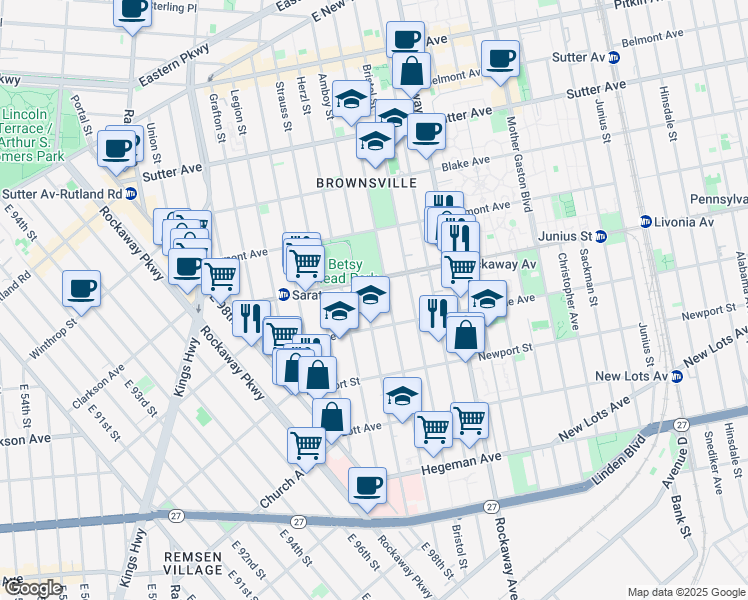 map of restaurants, bars, coffee shops, grocery stores, and more near 166 Livonia Avenue in Brooklyn