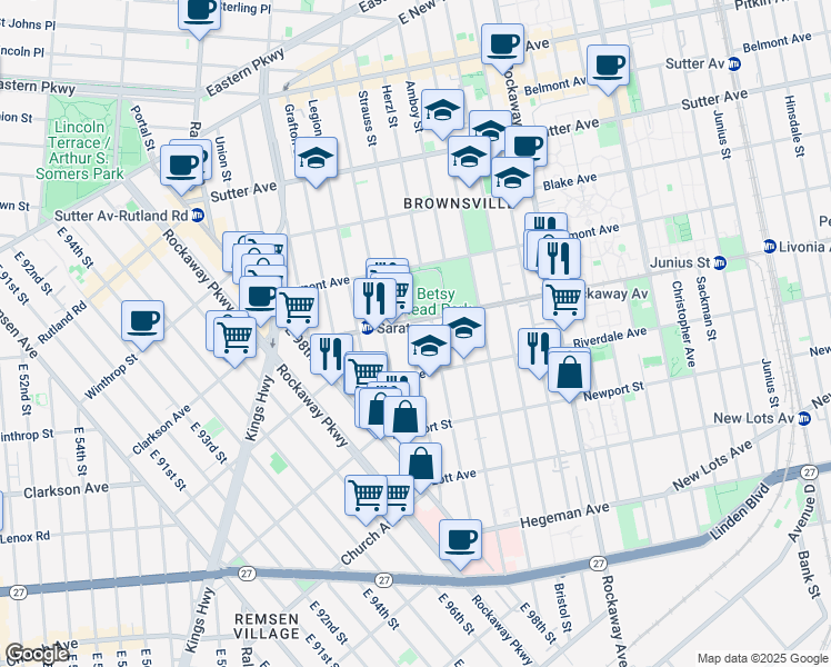 map of restaurants, bars, coffee shops, grocery stores, and more near 2133 Strauss Street in Brooklyn