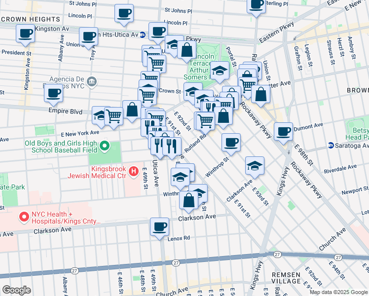 map of restaurants, bars, coffee shops, grocery stores, and more near 88 East 91st Street in Brooklyn