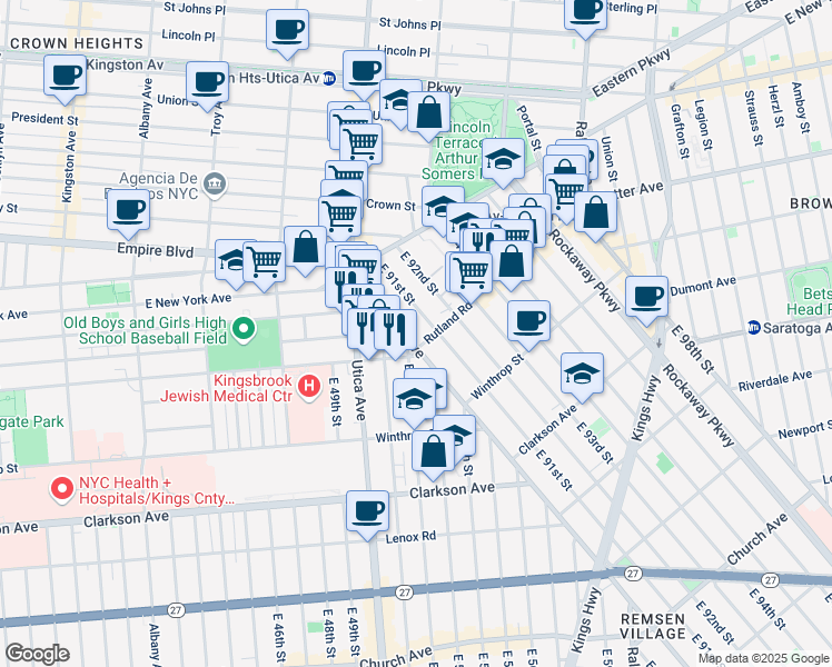 map of restaurants, bars, coffee shops, grocery stores, and more near 88 East 91st Street in Brooklyn