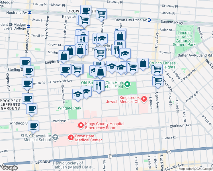 map of restaurants, bars, coffee shops, grocery stores, and more near 700 East New York Avenue in Brooklyn