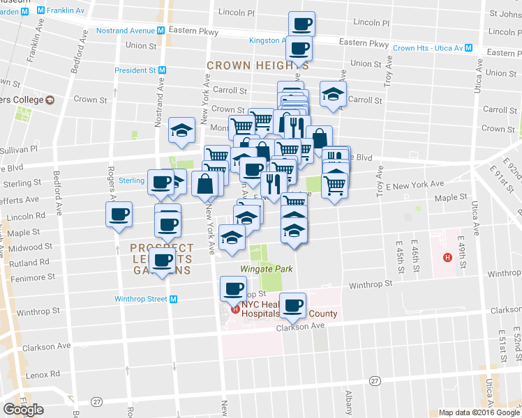 map of restaurants, bars, coffee shops, grocery stores, and more near 571 East New York Avenue in Brooklyn
