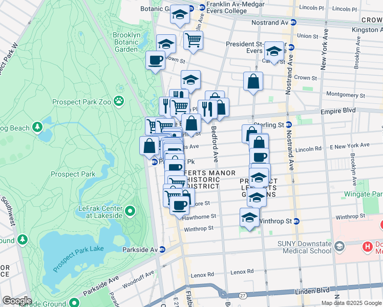 map of restaurants, bars, coffee shops, grocery stores, and more near 67 Lefferts Avenue in Brooklyn