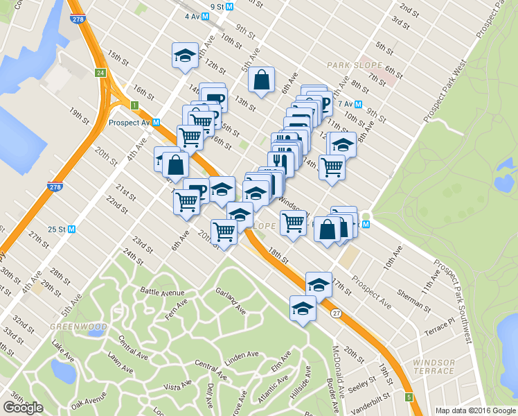 map of restaurants, bars, coffee shops, grocery stores, and more near 373 Prospect Avenue in Brooklyn