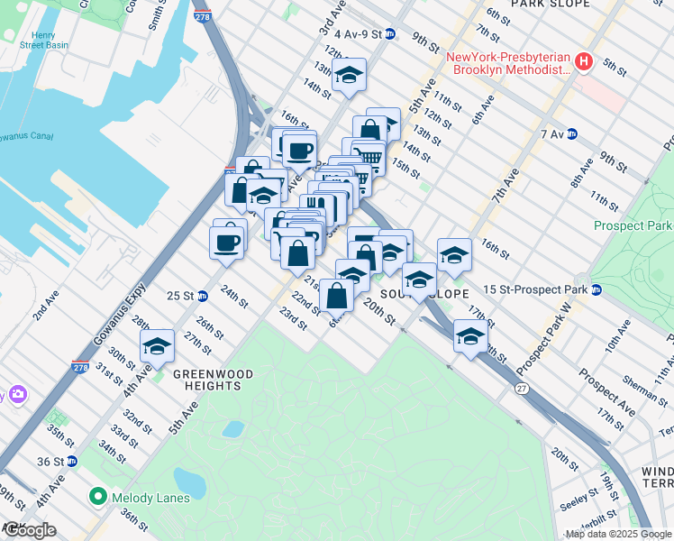 map of restaurants, bars, coffee shops, grocery stores, and more near 252 19th Street in Brooklyn