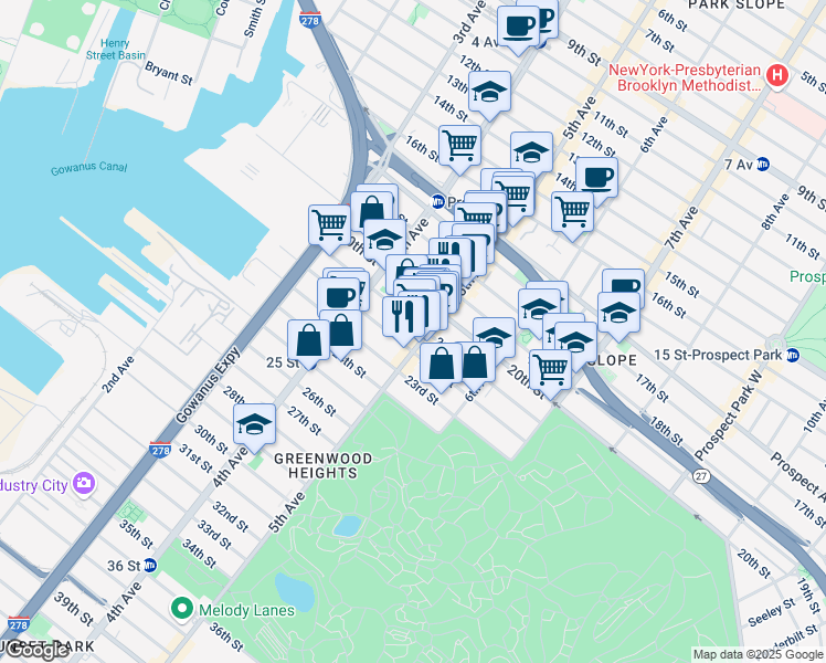 map of restaurants, bars, coffee shops, grocery stores, and more near 696 5th Avenue in Brooklyn
