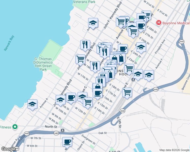map of restaurants, bars, coffee shops, grocery stores, and more near 66 West 18th Street in Bayonne