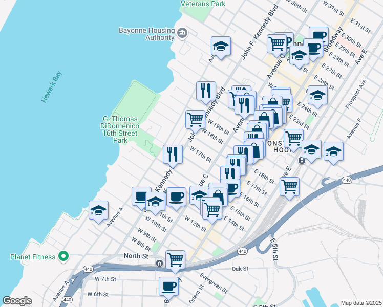 map of restaurants, bars, coffee shops, grocery stores, and more near 94 Andrew Street in Bayonne