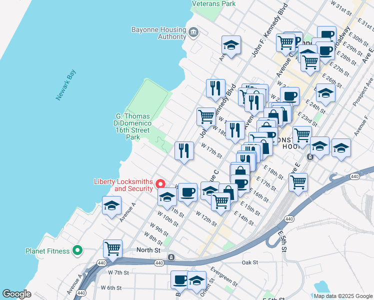 map of restaurants, bars, coffee shops, grocery stores, and more near 453 John F. Kennedy Boulevard in Bayonne