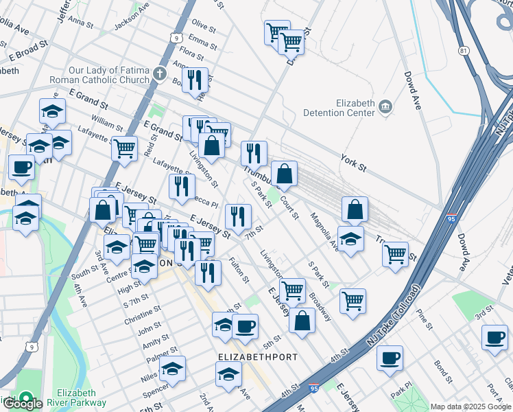map of restaurants, bars, coffee shops, grocery stores, and more near 739 South Park Street in Elizabeth