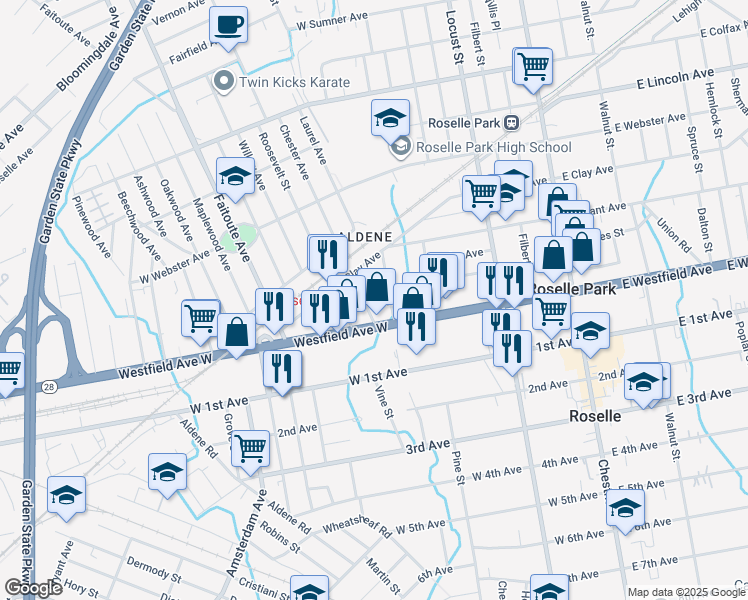 map of restaurants, bars, coffee shops, grocery stores, and more near 126 Hawthorne Street in Roselle Park