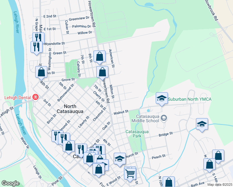 map of restaurants, bars, coffee shops, grocery stores, and more near 717 Chapel Street in Catasauqua