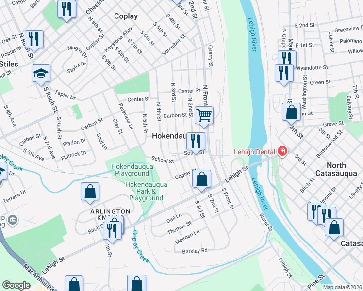 map of restaurants, bars, coffee shops, grocery stores, and more near in Hokendauqua