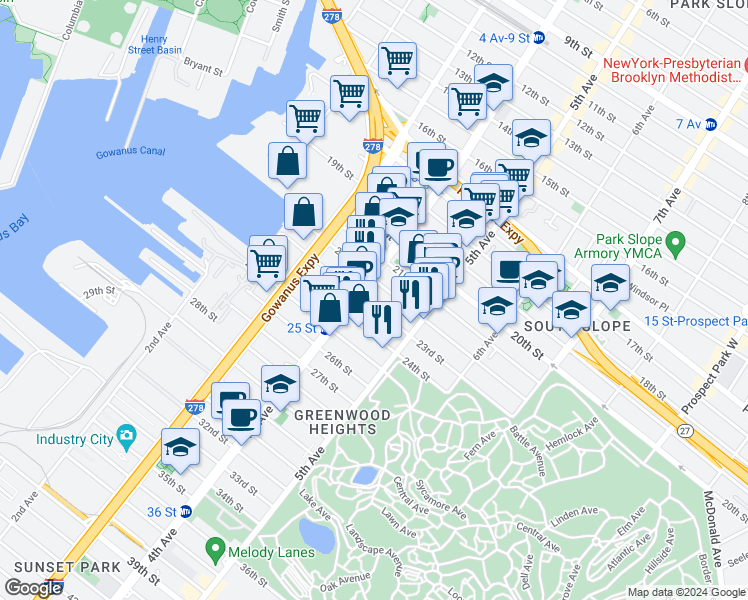 map of restaurants, bars, coffee shops, grocery stores, and more near 191 23rd Street in Brooklyn