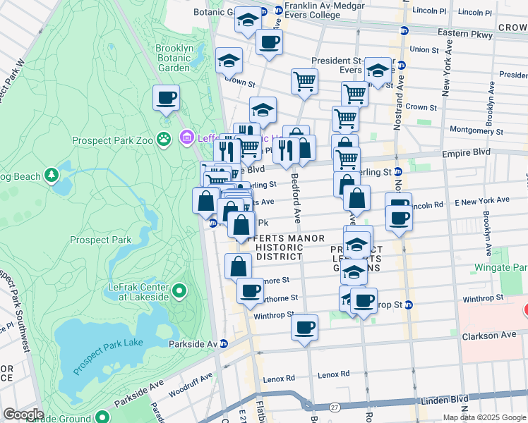map of restaurants, bars, coffee shops, grocery stores, and more near 105 Lincoln Road in Brooklyn