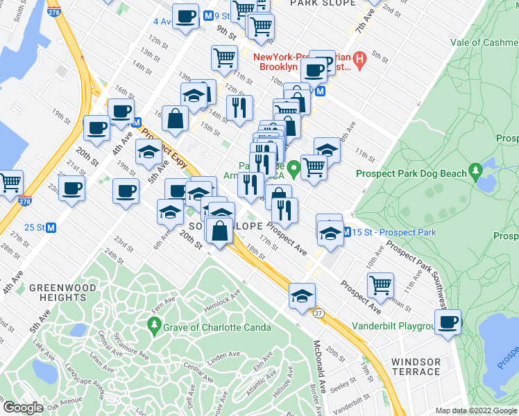 map of restaurants, bars, coffee shops, grocery stores, and more near 373 Prospect Avenue in Brooklyn