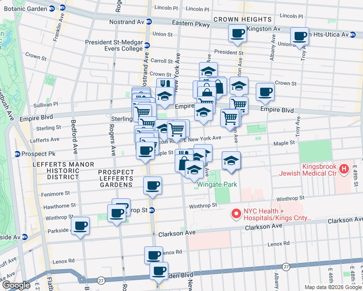 map of restaurants, bars, coffee shops, grocery stores, and more near 473 East New York Avenue in Brooklyn