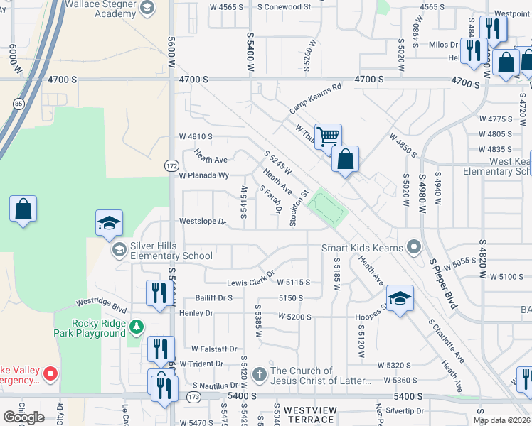 map of restaurants, bars, coffee shops, grocery stores, and more near 5356 West Farah Circle in Salt Lake City
