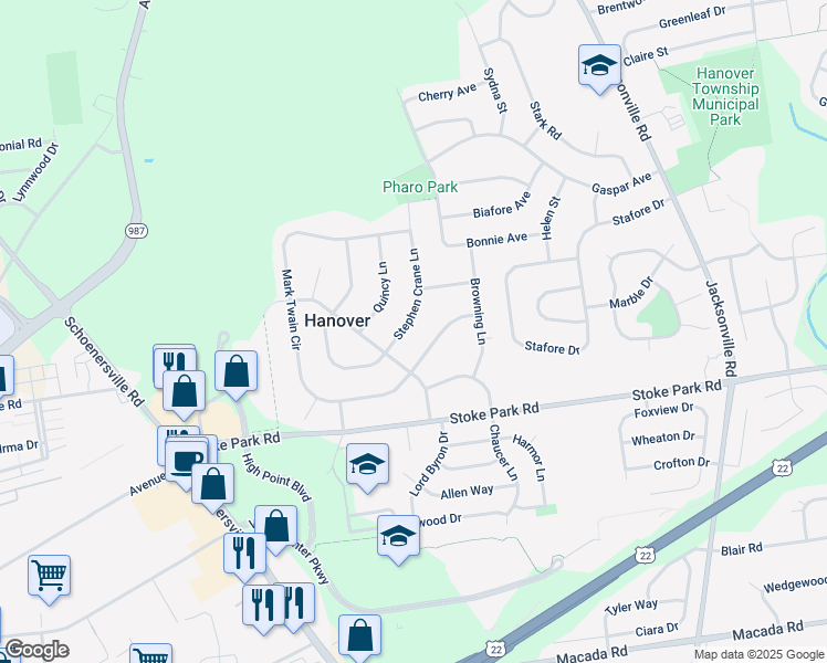 map of restaurants, bars, coffee shops, grocery stores, and more near 3544 Stephen Crane Lane in Bethlehem