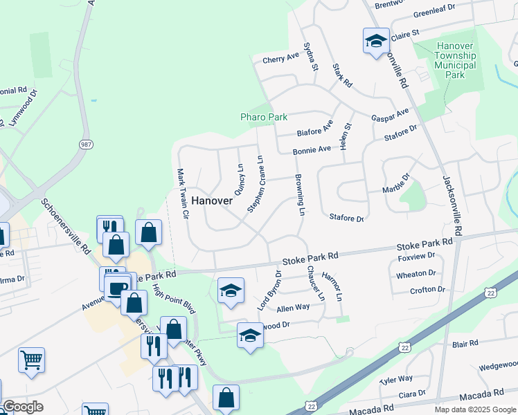 map of restaurants, bars, coffee shops, grocery stores, and more near 3544 Stephen Crane Lane in Bethlehem
