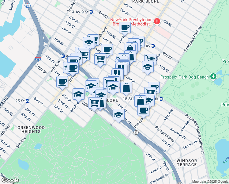 map of restaurants, bars, coffee shops, grocery stores, and more near 373 Prospect Avenue in Brooklyn