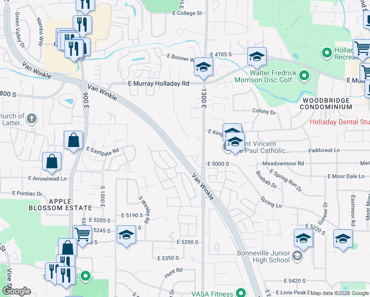 map of restaurants, bars, coffee shops, grocery stores, and more near 4852 South 1200 East in Salt Lake City