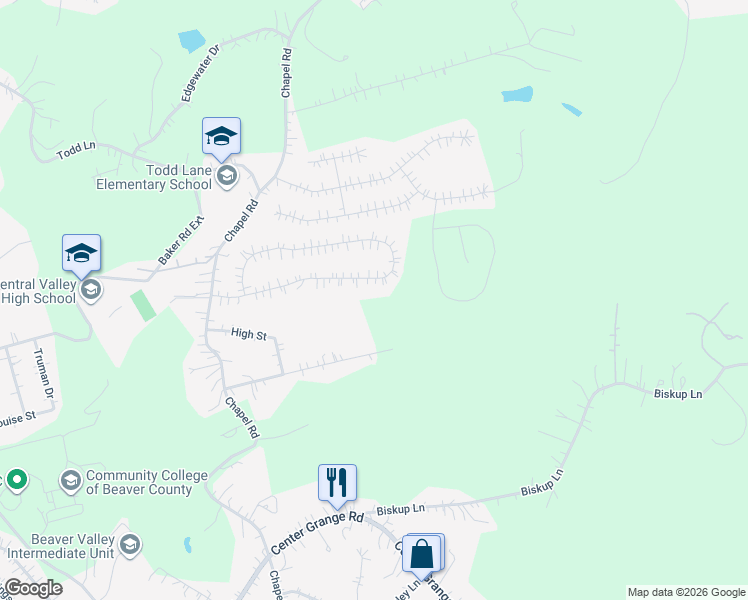 map of restaurants, bars, coffee shops, grocery stores, and more near 140 Cedar Ridge Drive in Monaca