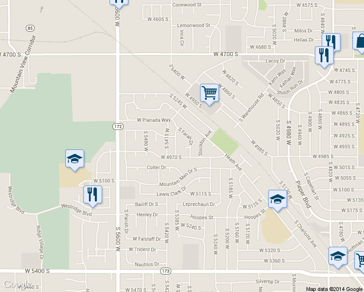 map of restaurants, bars, coffee shops, grocery stores, and more near 5356 West Farah Circle in Salt Lake City