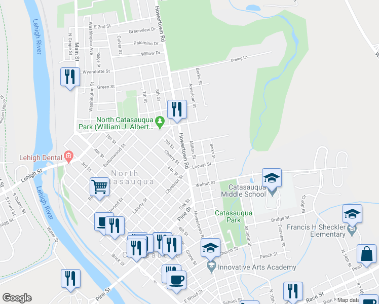 map of restaurants, bars, coffee shops, grocery stores, and more near 1059 Howertown Road in Catasauqua