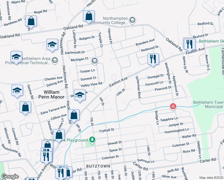 map of restaurants, bars, coffee shops, grocery stores, and more near 3754 Easton Avenue in Bethlehem