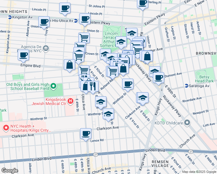 map of restaurants, bars, coffee shops, grocery stores, and more near 950 Rutland Road in Brooklyn