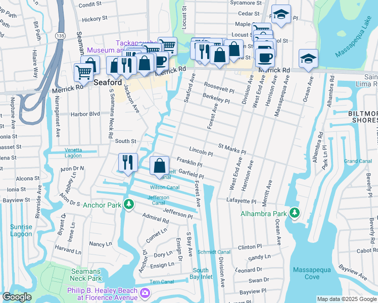 map of restaurants, bars, coffee shops, grocery stores, and more near 46 Lincoln Place in Massapequa