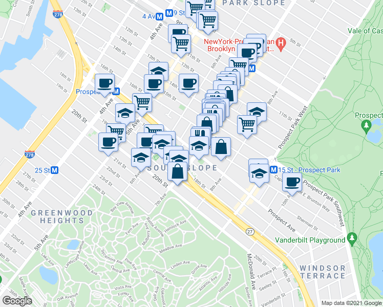 map of restaurants, bars, coffee shops, grocery stores, and more near 358 Prospect Avenue in Brooklyn