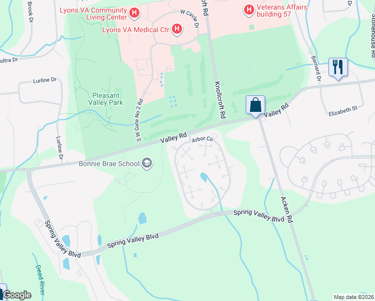 map of restaurants, bars, coffee shops, grocery stores, and more near 7 Arbor Circle in Basking Ridge