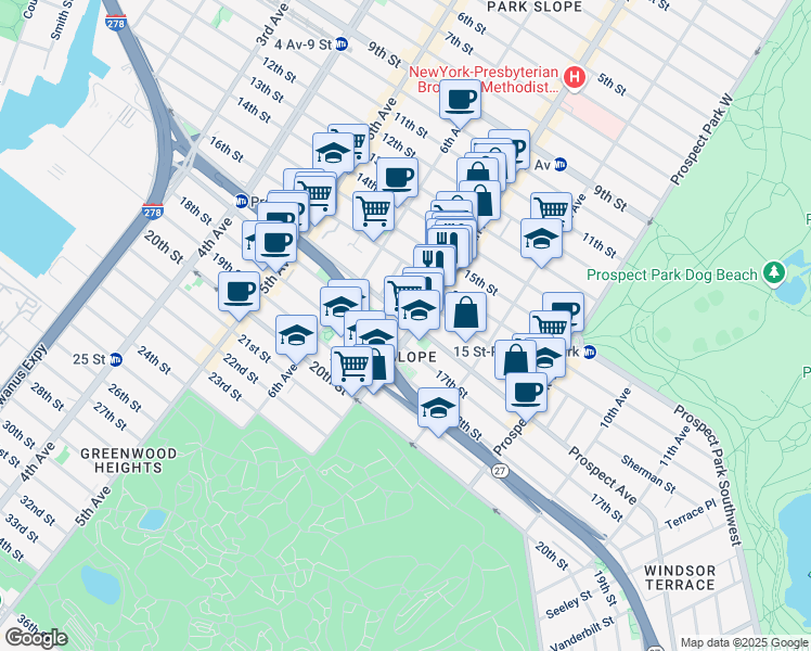 map of restaurants, bars, coffee shops, grocery stores, and more near 360 Prospect Avenue in Brooklyn