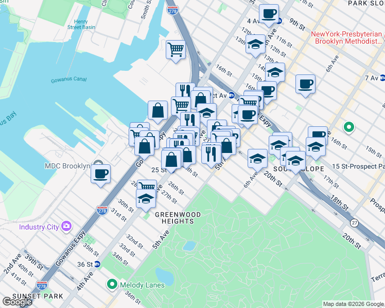 map of restaurants, bars, coffee shops, grocery stores, and more near 187 23rd Street in Brooklyn