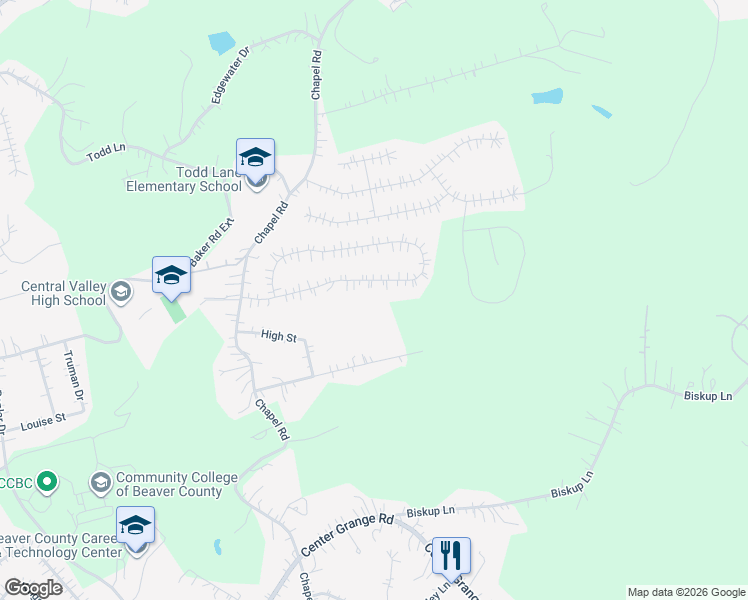 map of restaurants, bars, coffee shops, grocery stores, and more near 132 Cedar Ridge Dr in Monaca
