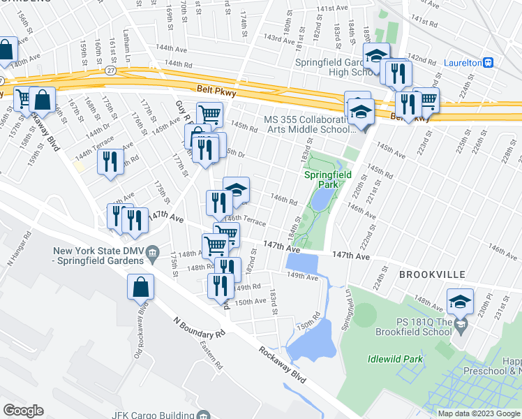 map of restaurants, bars, coffee shops, grocery stores, and more near 146-37 181st Street in Queens